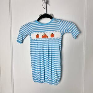 Elizabeth Ann Smocked Blue Striped Pumpkin Fall Baby Sleeper Gown Size 3 MOS